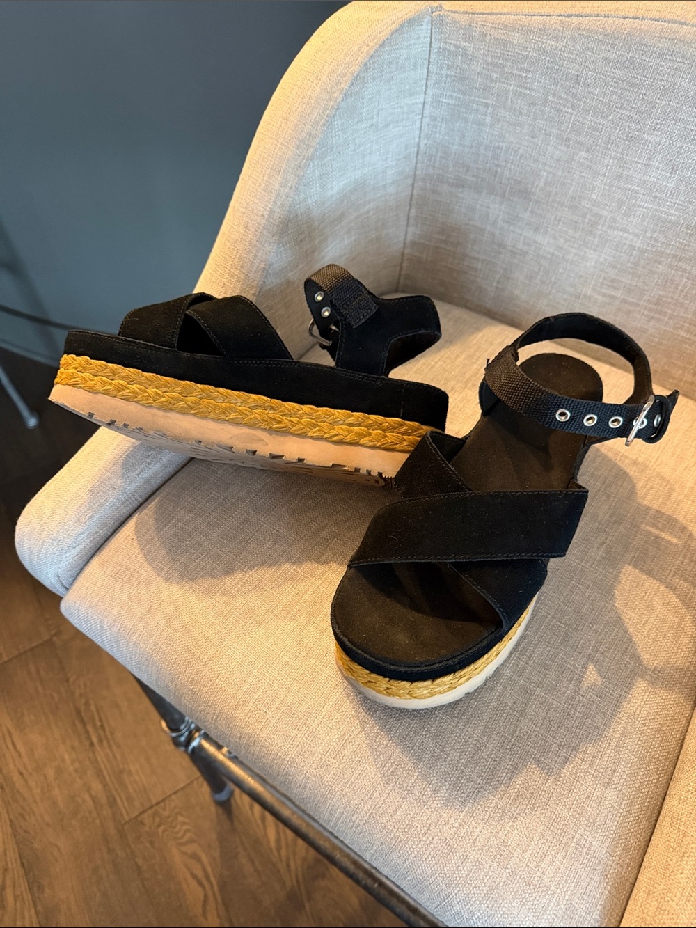 UGG Aubrey ankle sandal Black Espadrille Platform Sandals with Yellow Braid